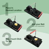 Three-step instructional graphic showing how to set a black snap trap: 1. place it in a desired location, 2. add bait, and 3. click it with one finger. 