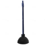 Heavy-duty toilet plunger with large black rubber suction cup and blue handle for clearing tough clogs