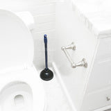 Heavy-duty plunger with black rubber suction cup for clearing clogs in toilets, sinks, and shower drains