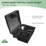 Suitable for homeowners, property managers, and pest-control applications. Use the stations around areas with evidence of mouse activity. It has removable tray for liquid or pellets and rods for bait blocks.