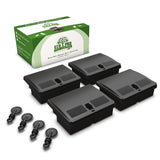 Our-pack mouse bait stations for indoor and outdoor rodent control, designed for secure bait placement around homes, garages, and buildings.